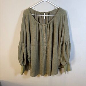 Free People Olive Green Oversized Henley Thermal Puff Sleeve Top Small OB1351981